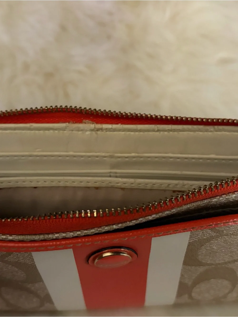 Coach Beige Signature Wristlet with Orange and White Stripes- Authentic